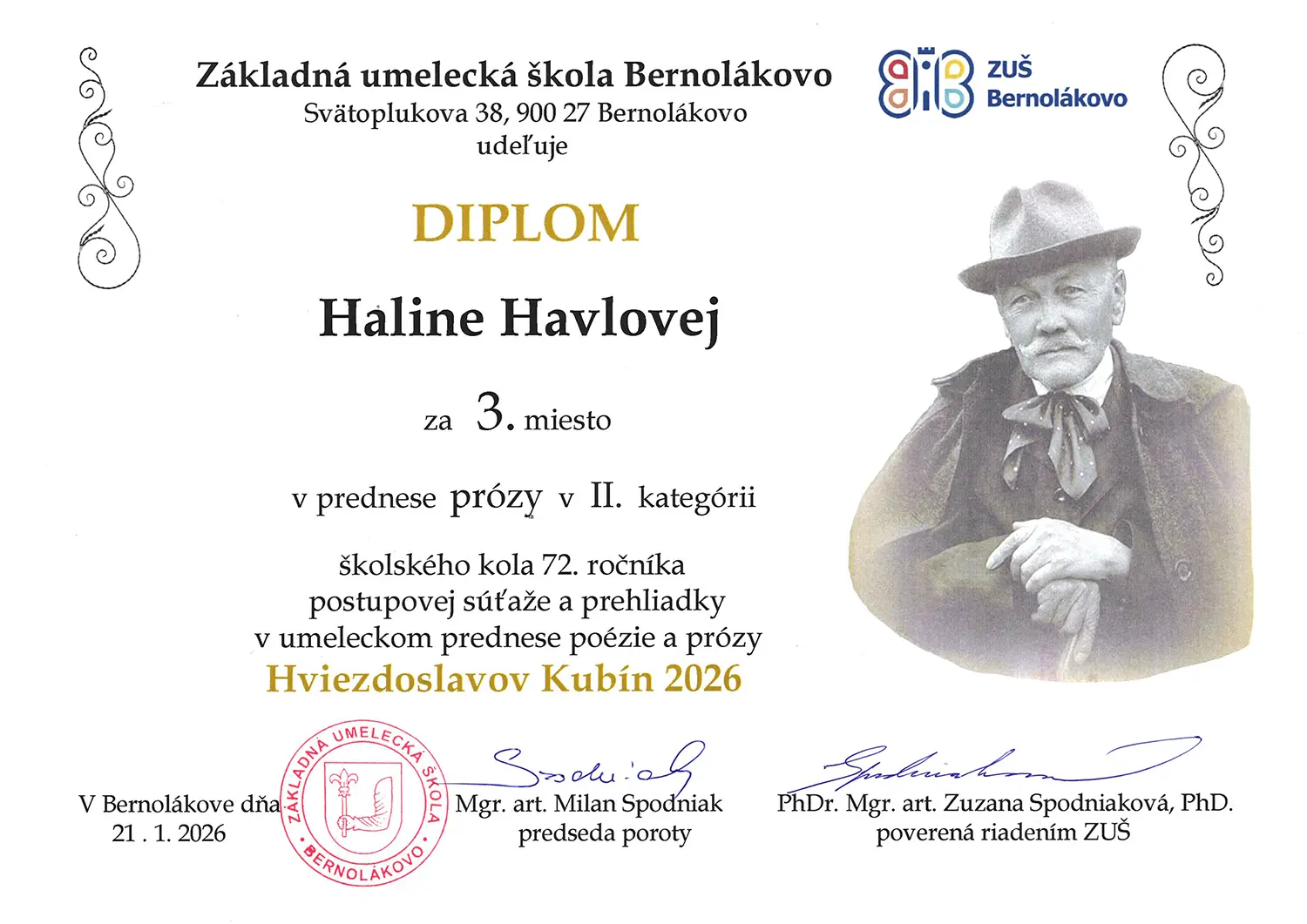 2026 01 Diplom Halina Havlova 3 miesto