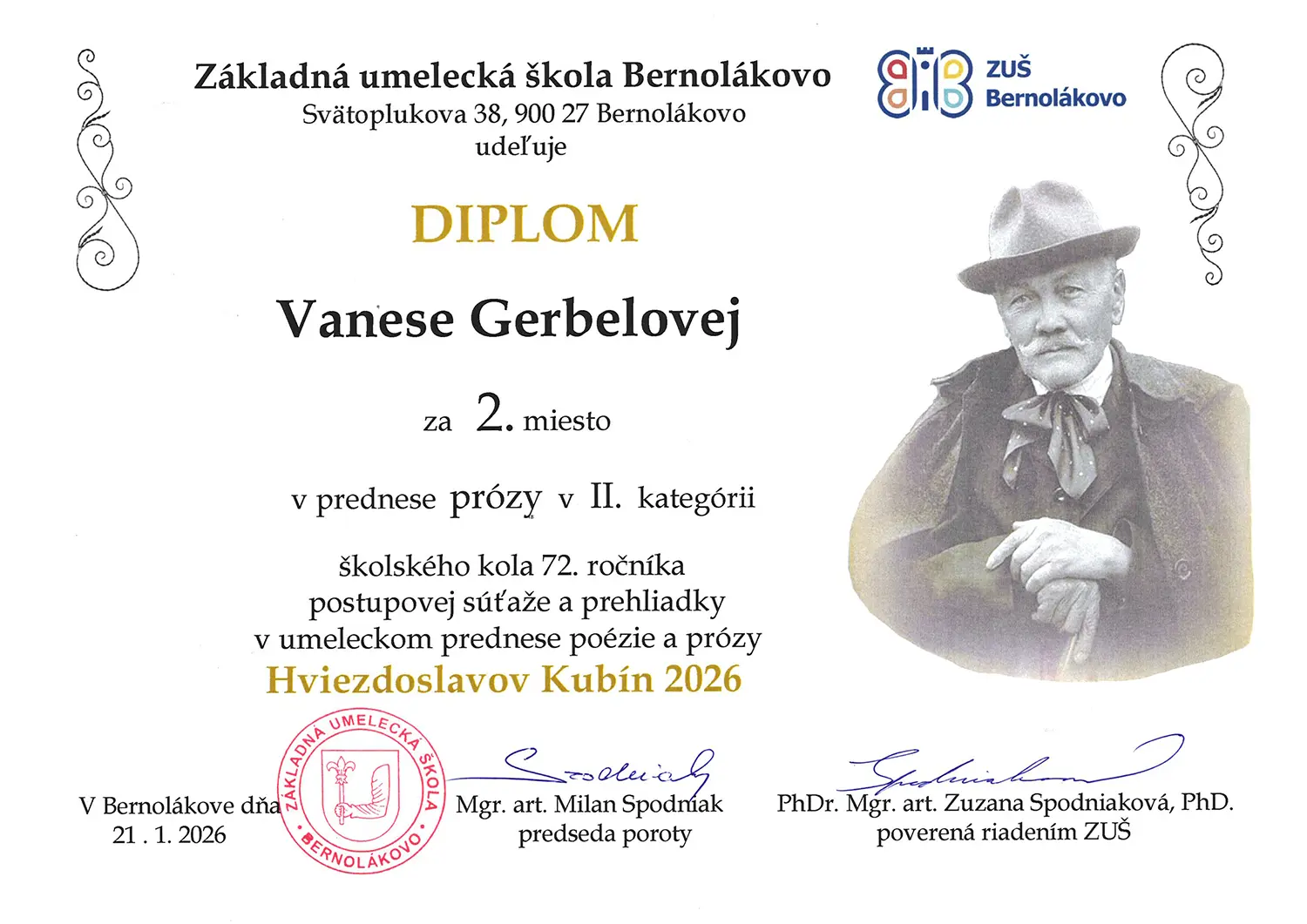 2026 01 Diplom Vanesa Gerbelova 2 miesto