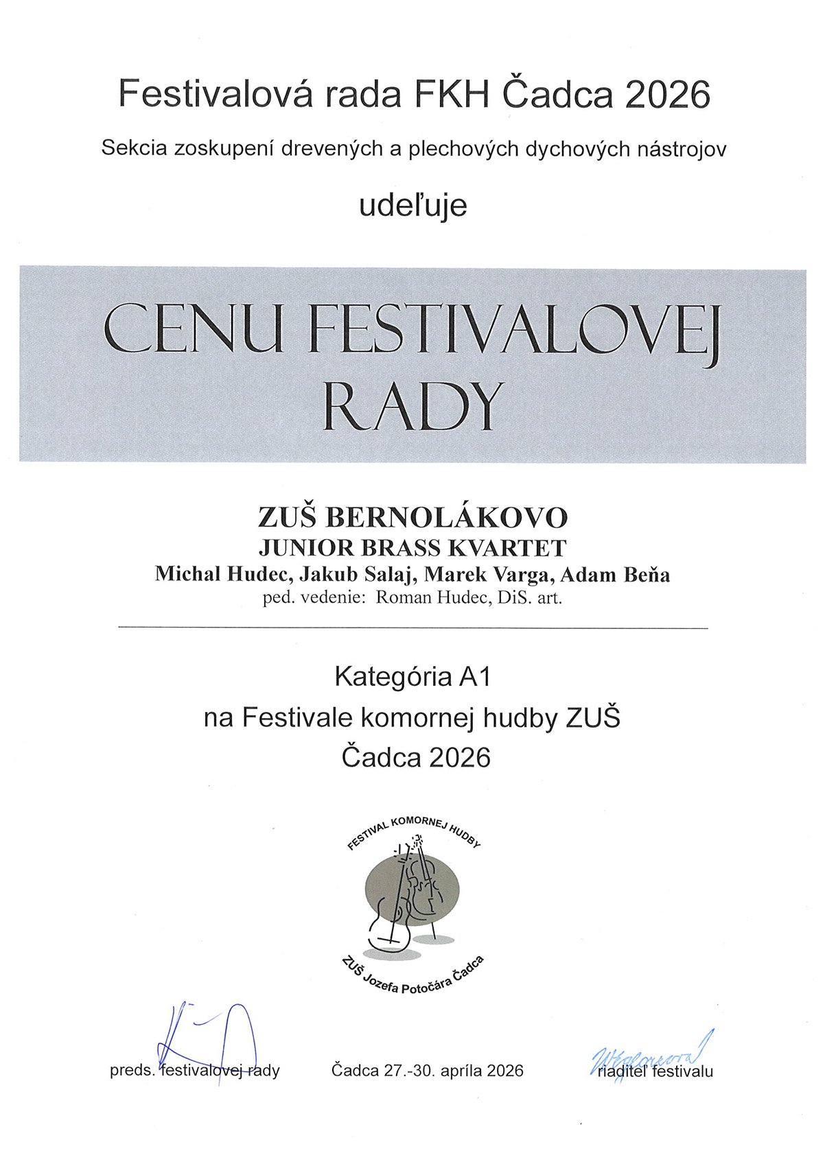 2026 04 Diplom Junior Brass Kvartet Cena festivalovej rady
