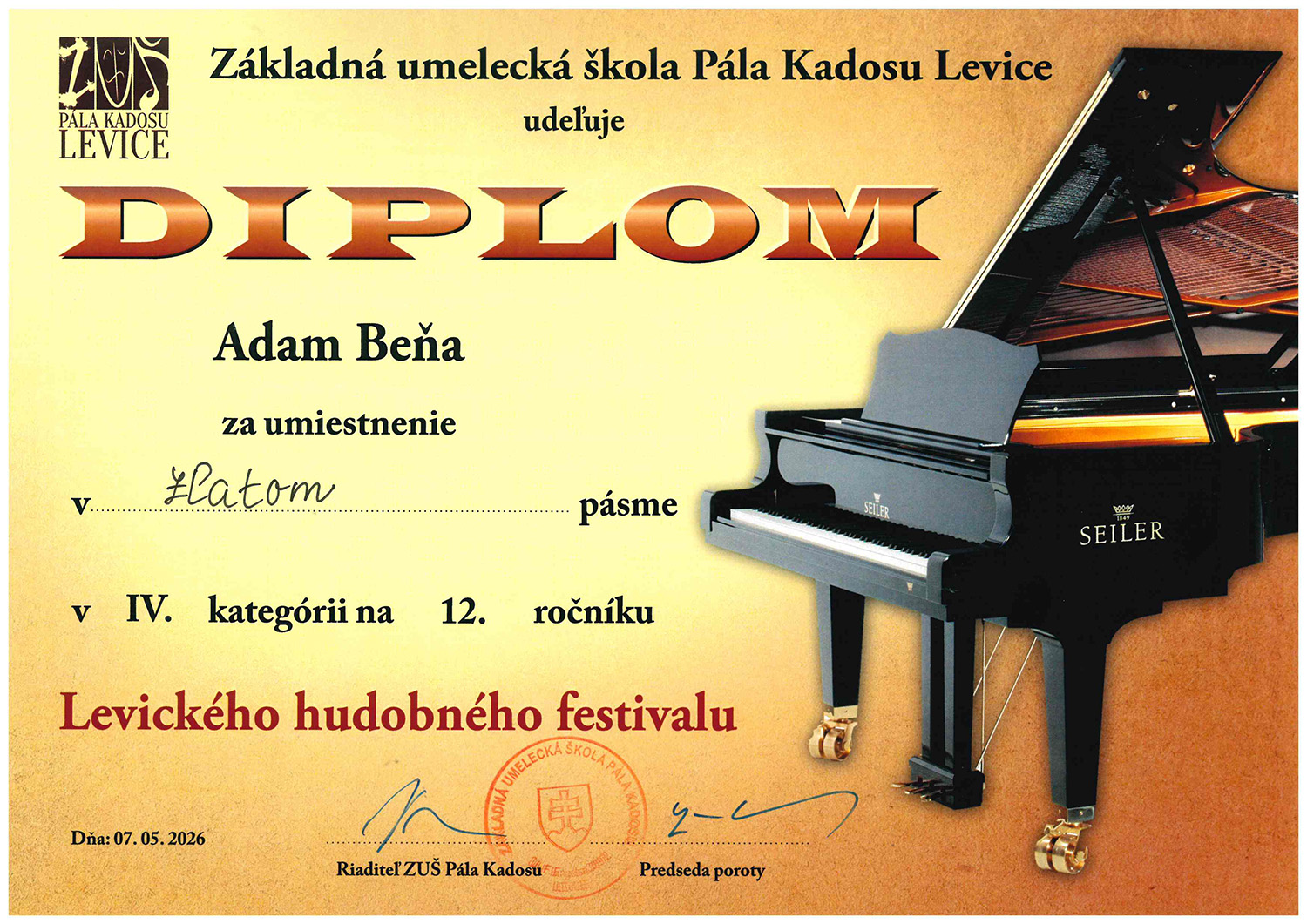 2026 05 Diplom Adam Bena zlate pasmo v IV kategorii
