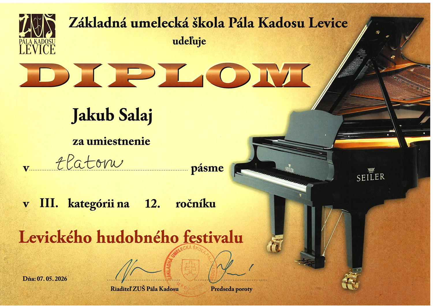 2026 05 Diplom Jakub Salaj zlate pasmo v III kategorii