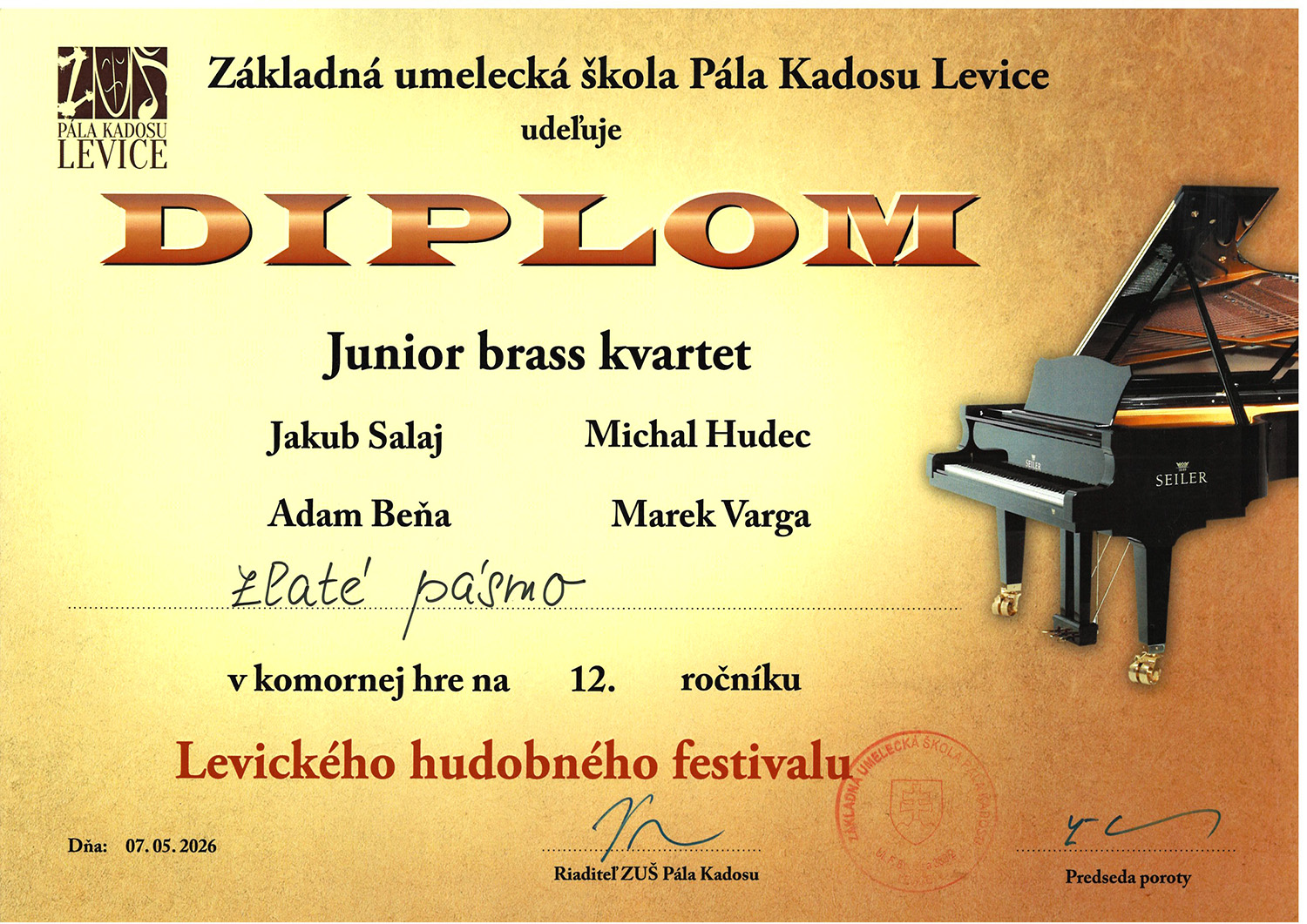 2026 05 Diplom Junior Brass Kvartet zlate pasmo